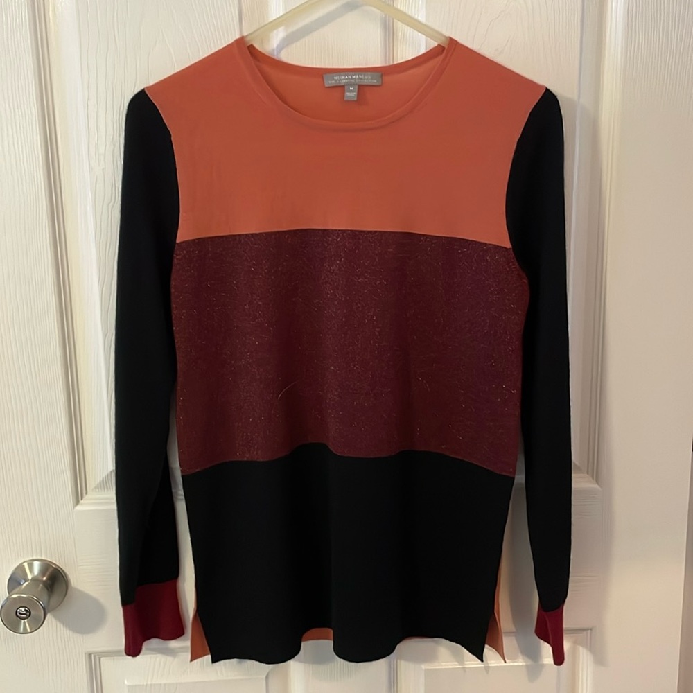 Neiman Marcus Cashmere Collection Striped Sparkly Color Blocked Sweater